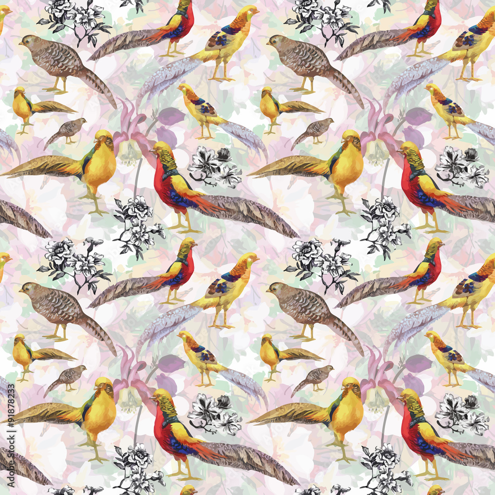 Obraz premium Wild Pheasant animals birds in watercolor floral seamless