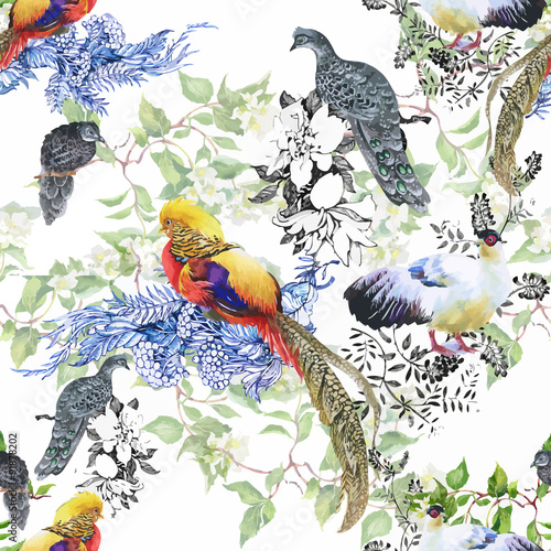 Wild Pheasant animals birds in watercolor floral seamless