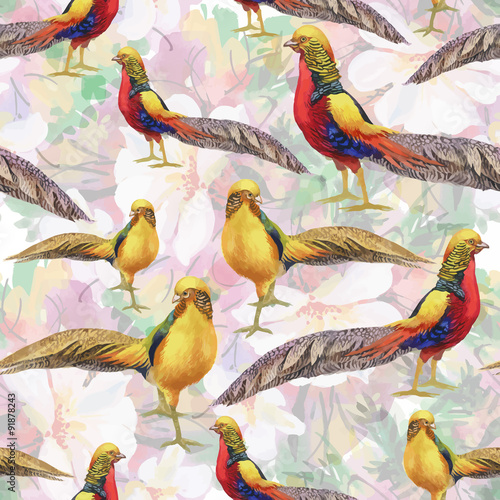 Wild Pheasant animals birds in watercolor floral seamless