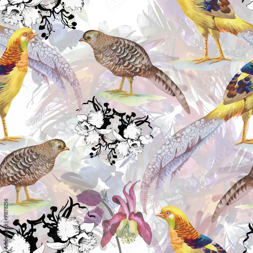 Wild Pheasant animals birds in watercolor floral seamless