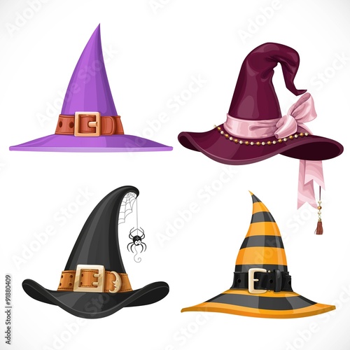 Witch hats with straps and buckles set isolated on white backgro