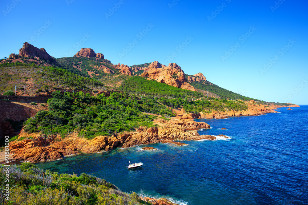 Esterel rocks beach coast and sea. Cannes Saint Raphael Cote Azu