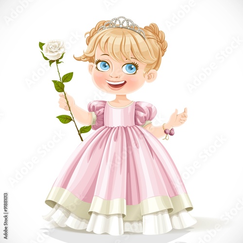 Little cute princess in tiara with beautiful white rose on a lon