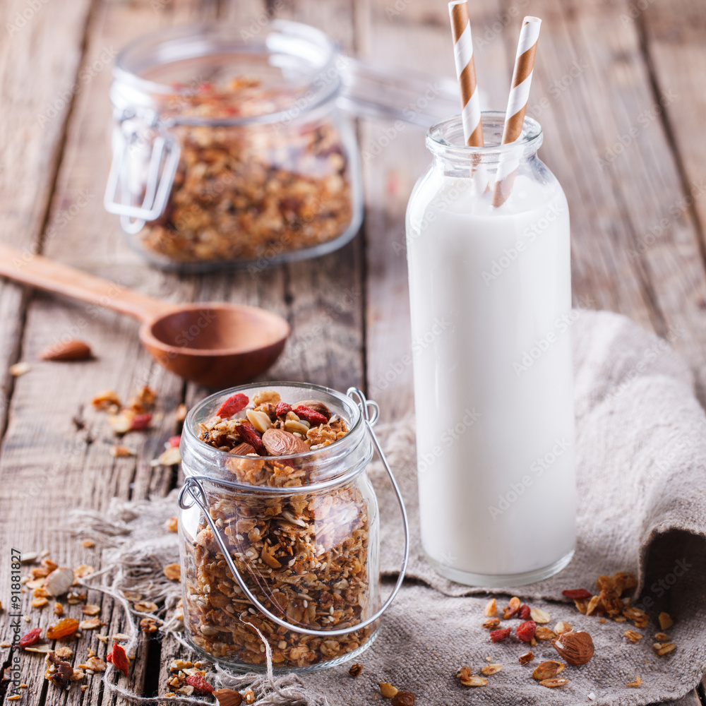 Granola with milk.Dry Breakfast.selective focus Granola with milk.Dry Breakfast.selective focus