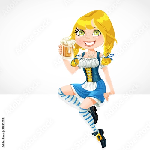 Cute girl sit on big banner white and offers Oktoberfest beer