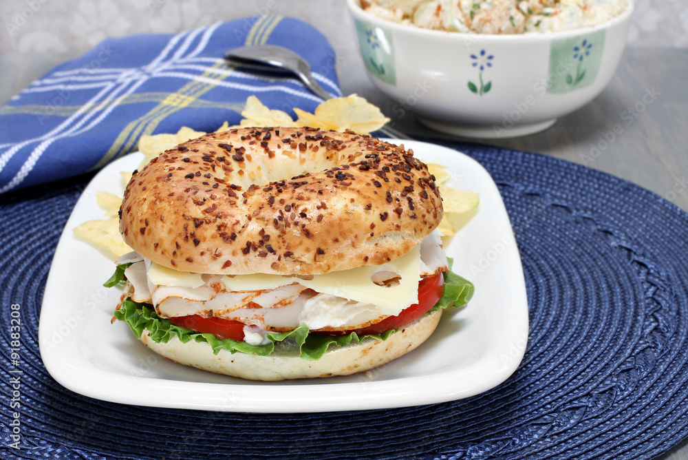 Turkey, lettuce, tomato and swiss cheese sandwich on an onion ba Turkey, lettuce, tomato and swiss cheese sandwich on an onion ba