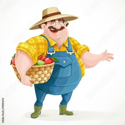 Fat farmer in overalls holding a basket of apples and shows the