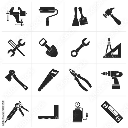 Black Building and Construction work tool icons - vector icon set
