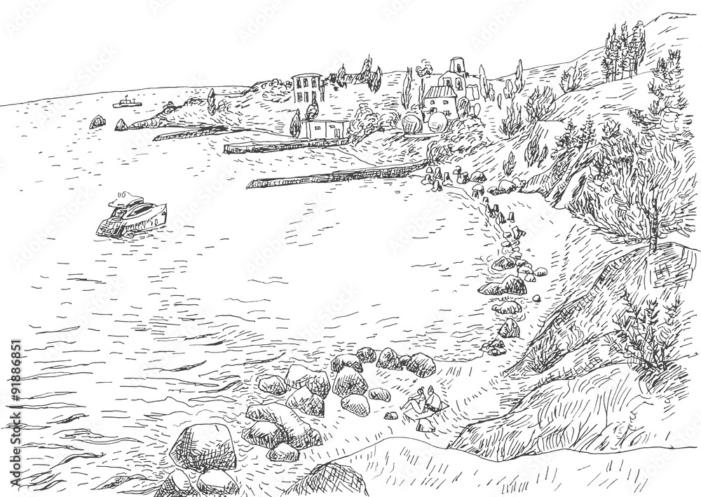 Sea coast with piers and rocky shore in the Crimea. Monochrome freehand ink drawn backdrop sketchy in art doodle style pen. Sea coast with piers and rocky shore in the Crimea. Monochrome freehand ink drawn backdrop sketchy in art doodle style pen.