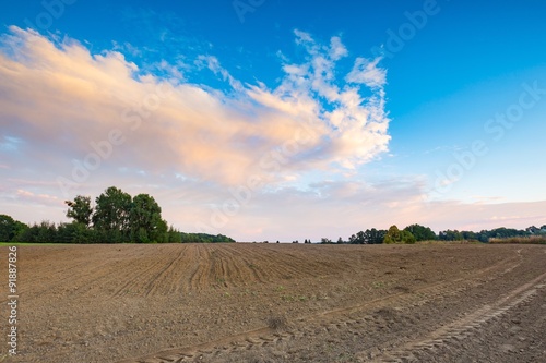 Beautiful plowed field under colorful sunset sky