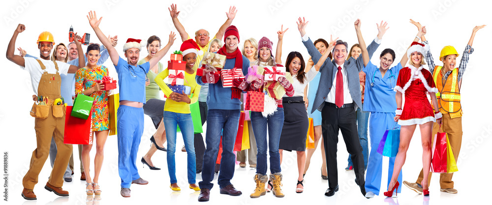 Group of happy Christmas people with gifts.