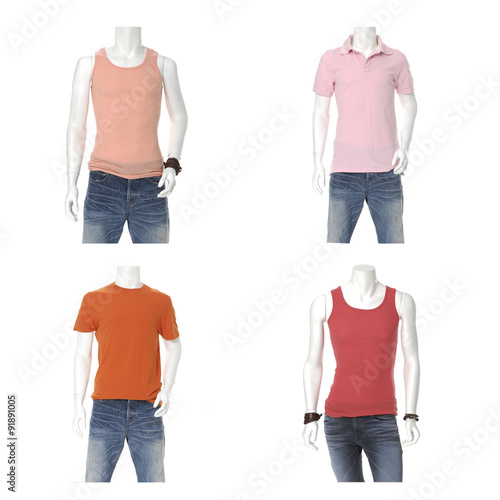 Set of male mannequin dressed in jeans with colorful t-shirt 