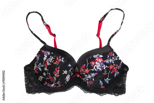 Black bra with a floral pattern.