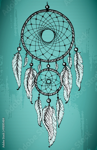 Hand drawn dream catcher with ornamental feathers on grunge green