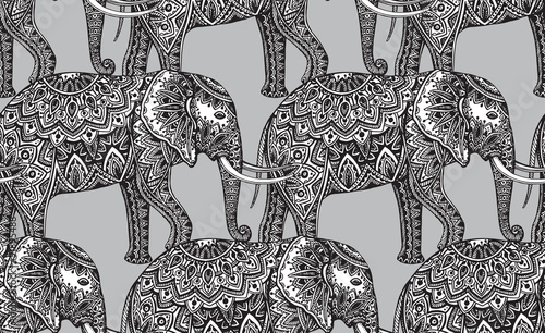 Seamless pattern with stylized ornamental elephants 