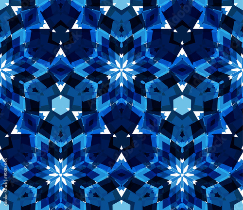 Blue kaleidoscope background. Seamless pattern composed of color abstract elements located on white background.