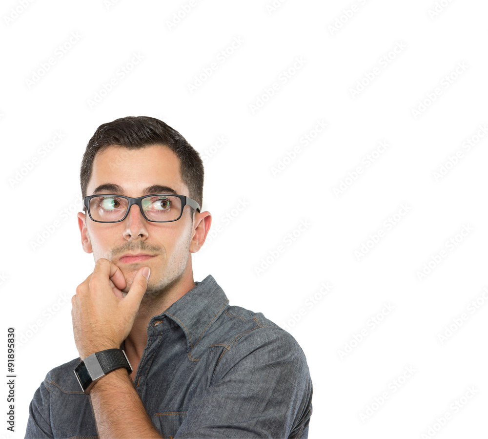 Young man thinking up to copy space, look up Young man thinking up to copy space, look up