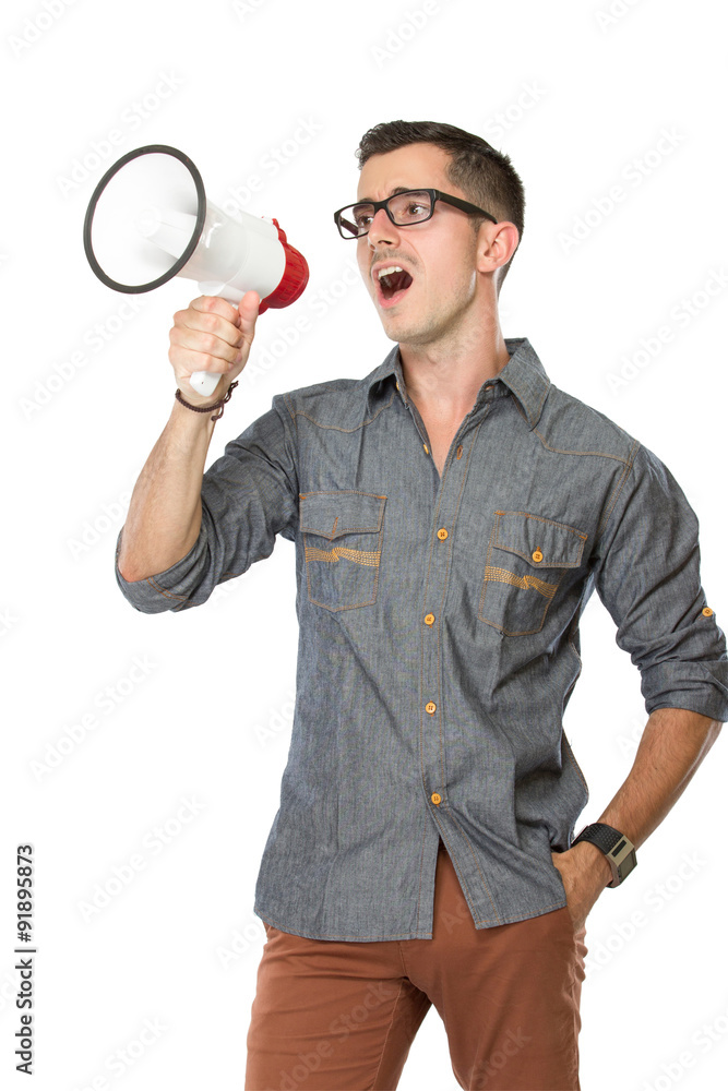Young man scream with a megaphone