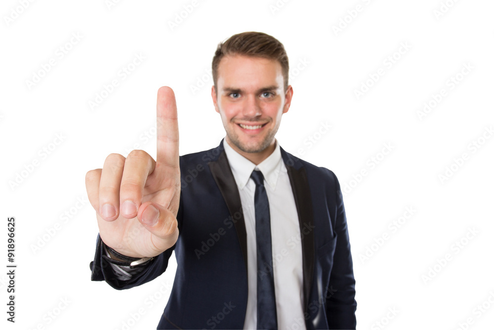 Businessman push to virtual screen Businessman push to virtual screen