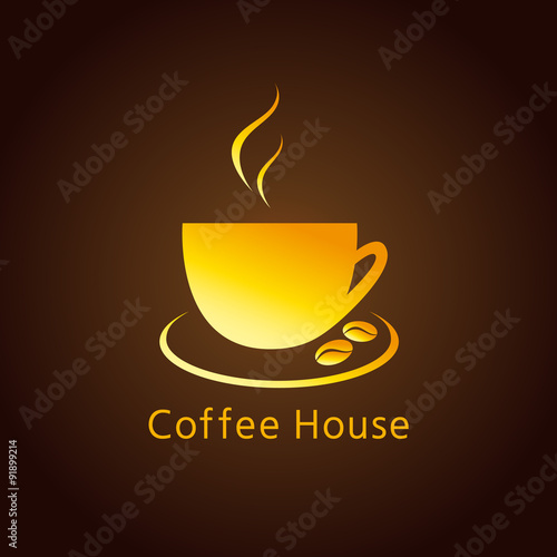 Cafe cup logo. The logotype with golden coffee beans for coffee houses and cafes.