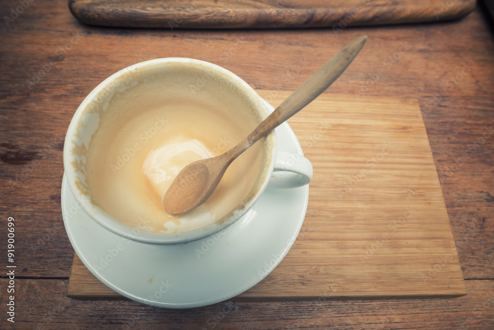 Empty coffee cup after drink with spoon on wood table. Filter : Vintage effected. Empty coffee cup after drink with spoon on wood table. Filter : Vintage effected.
