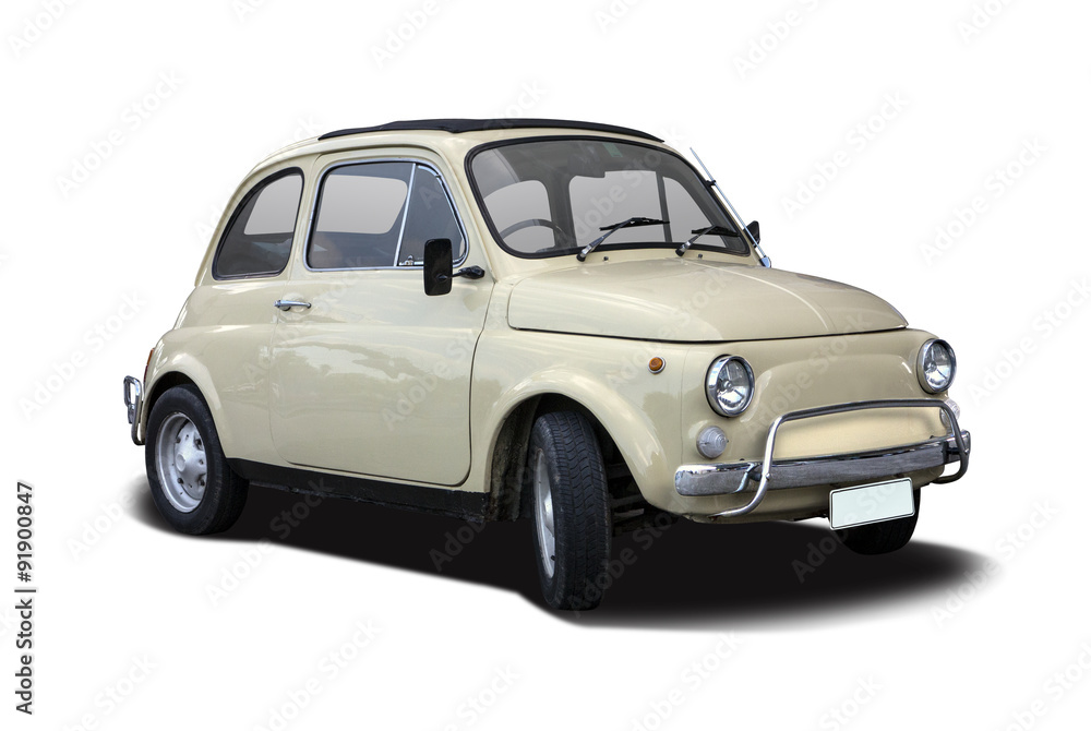 Classic Italian supermini car isolated on white - obrazy, fototapety, plakaty 