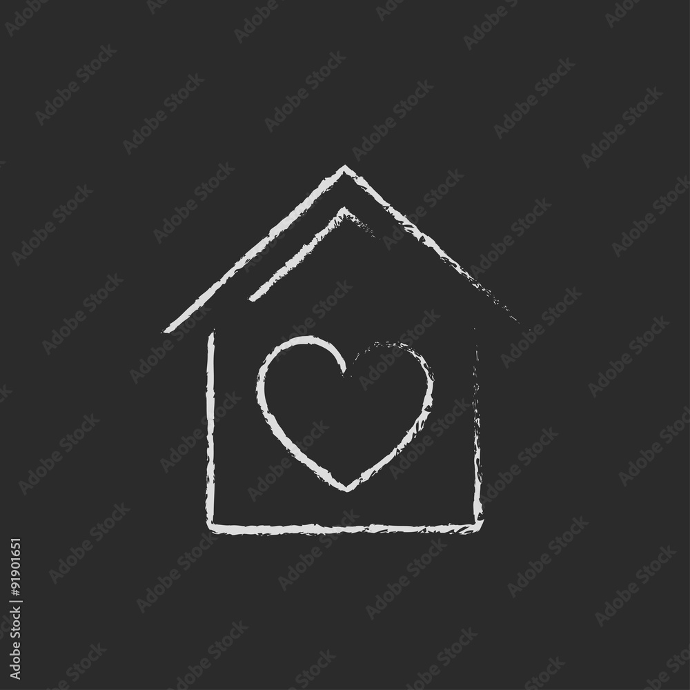 House with heart symbol icon drawn in chalk.