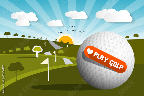 Golf Ball on Field with Sun and Sky and Love Play Golf Title - Vector