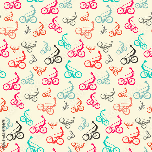 Biker - Bicyclist Retro Seamless Vector Background - Pattern