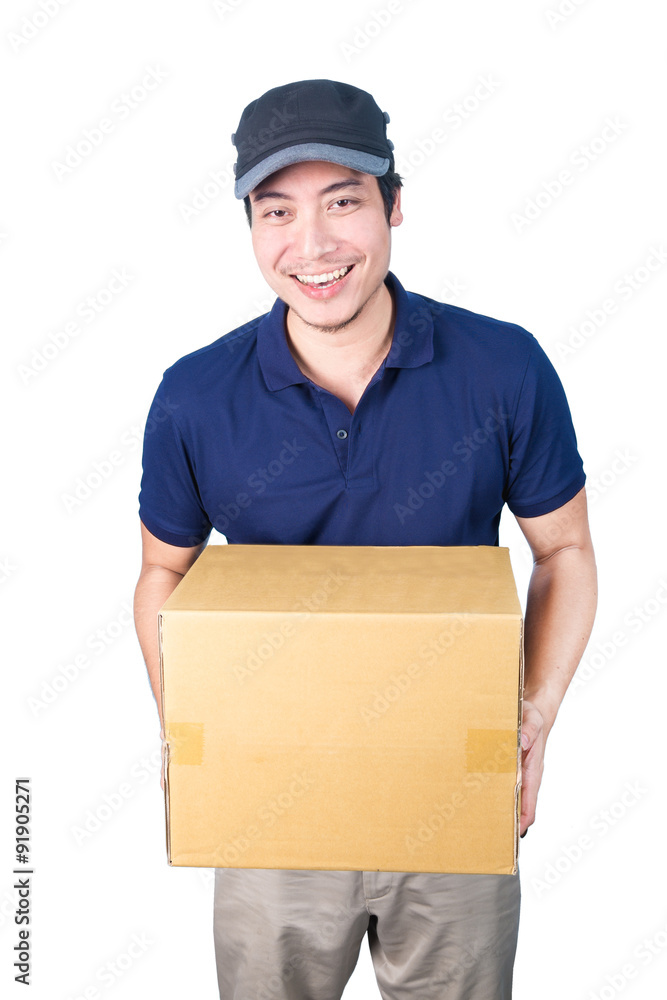 Smiling handsome asian delivery man giving and carrying parcel o Smiling handsome asian delivery man giving and carrying parcel o