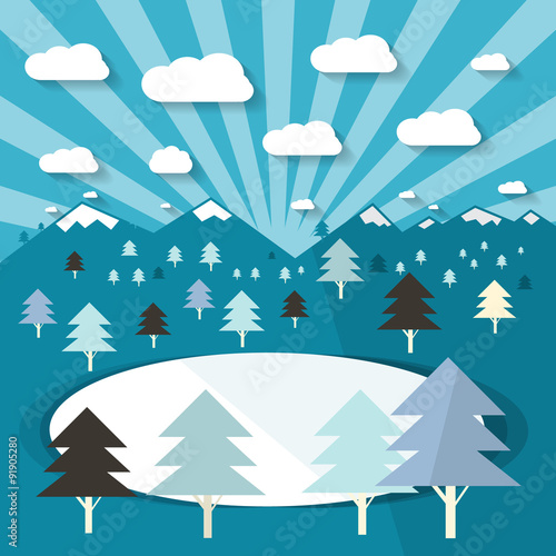 Winter Landscape with Trees and Lake . Blue Flat Design Vector Illustration