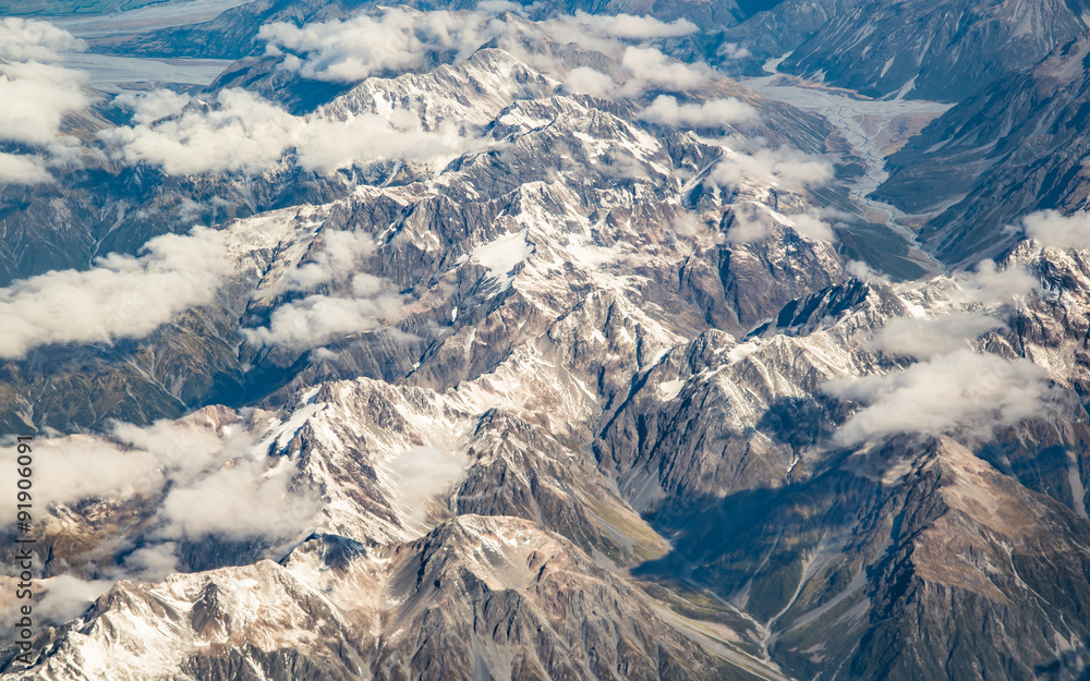 Southern alpine alps from top view , South Island New Zealand
