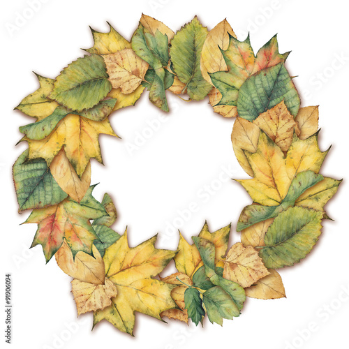 watercolor pattern of wreath with colorful autumn leaves. original floral decoration. bright colors watercolor autumn botanical elements.