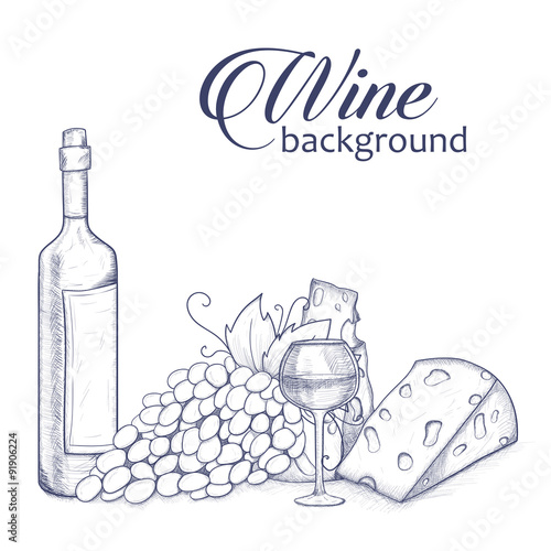 Background with bottle, glasse, cheese, grape and wine