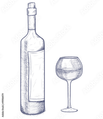 sketch bottle and glasse of wine on a white background isolated