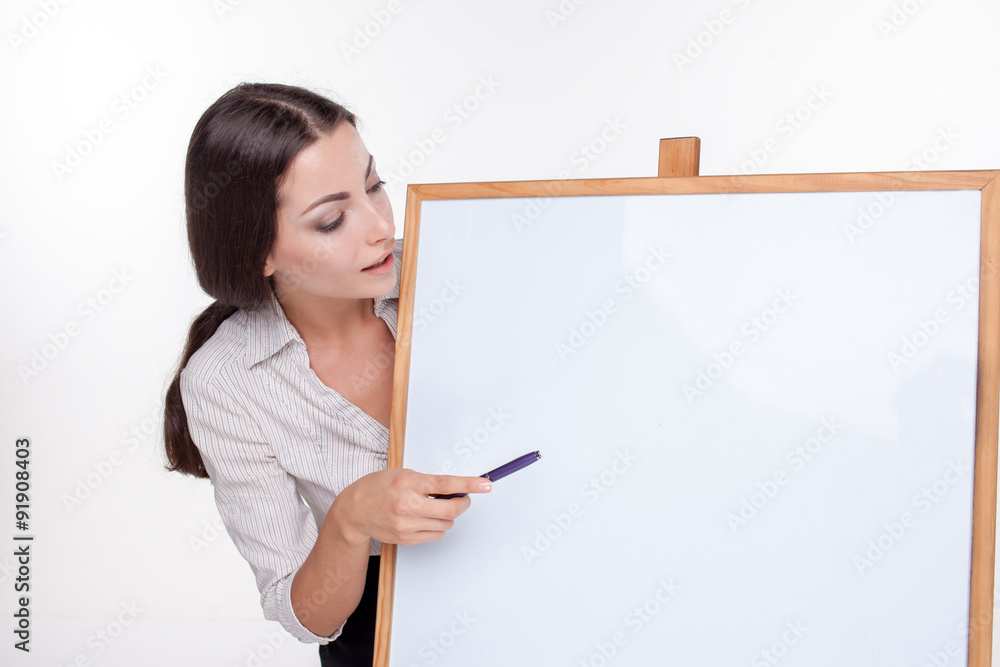 young business woman showing blank signboard on white background young business woman showing blank signboard on white background