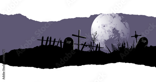 Halloween horizontal banner with a destroyed cemetery
