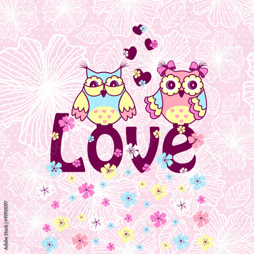 Beautiful card with owls in love on branch on a pink lace background