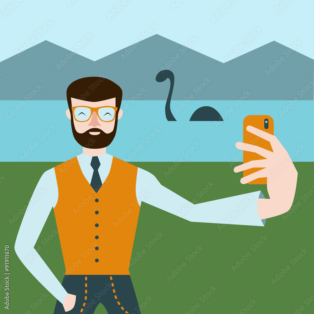Cartoon style man make selfie with Loch Ness monster on the background. Hipster make selfie flat design style. Funny vector illustration with Nessie monster.