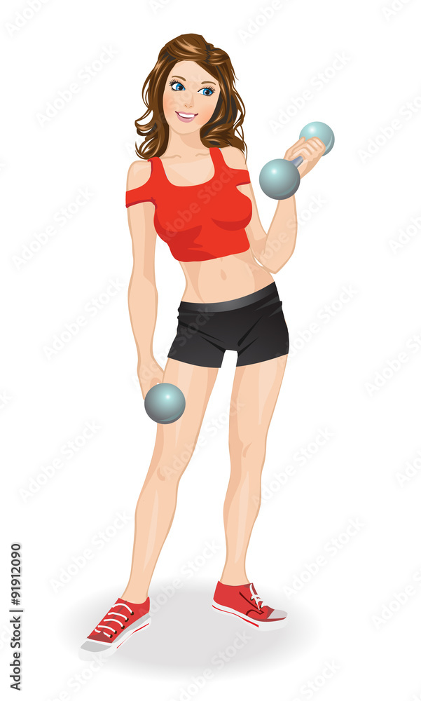 Cute cartoon girl exercising with dumbbells Cute cartoon girl exercising with dumbbells