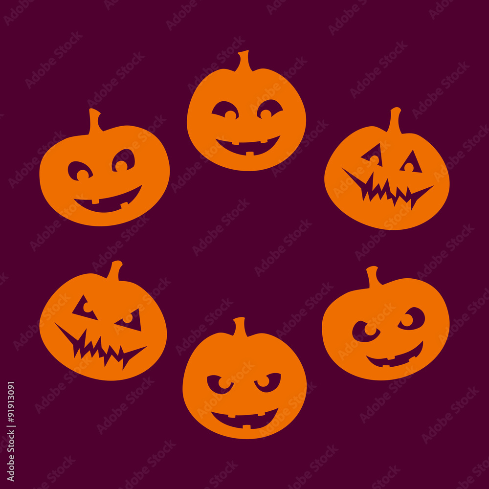 Halloween set of six silhouettes of jack-o'-lantern with a different facial expression, from good to evil, orange on violet background. Vector graphics. Halloween set of six silhouettes of jack-o'-lantern with a different facial expression, from good to evil, orange on violet background. Vector graphics.
