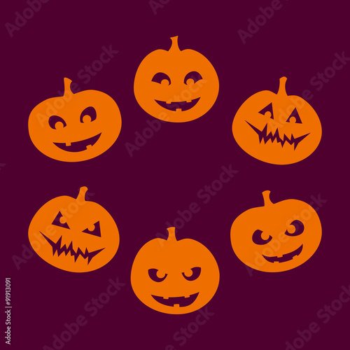 Halloween set of six silhouettes of jack-o'-lantern with a different facial expression, from good to evil, orange on violet background. Vector graphics.