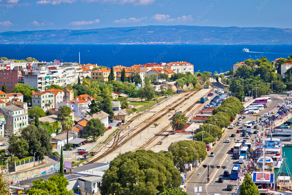 Split railway station and harbor aerial view