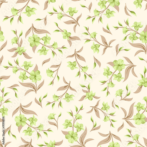 Seamless green and beige pattern with flowers. Vector illustration.