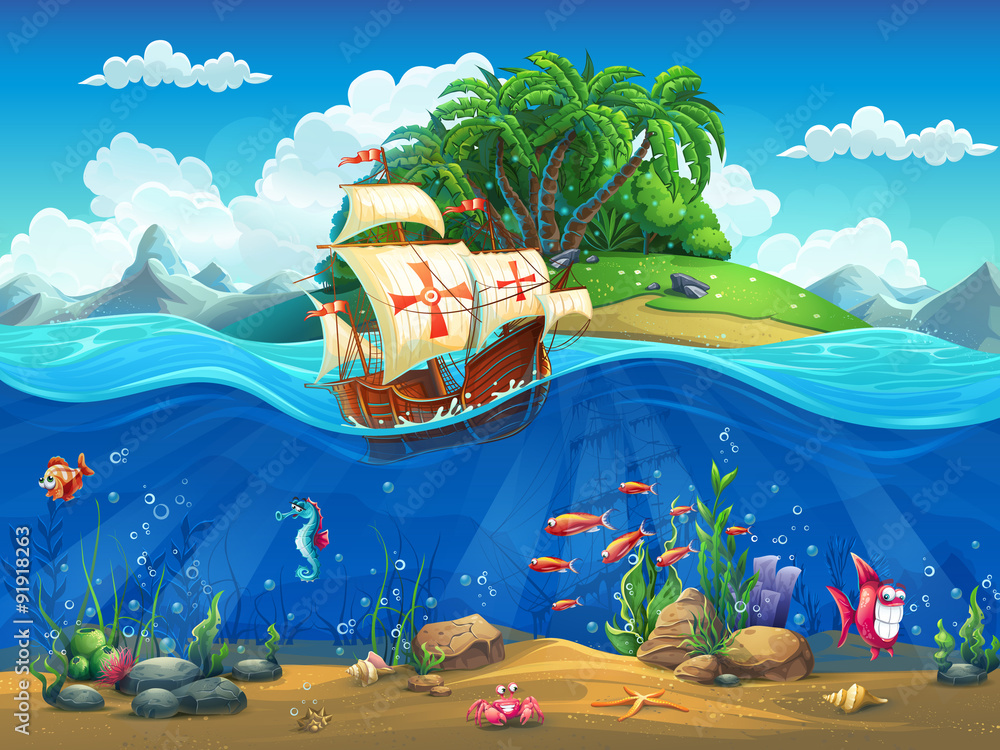 Ταπετσαρία Cartoon underwater world with fish, plants, island and caravel