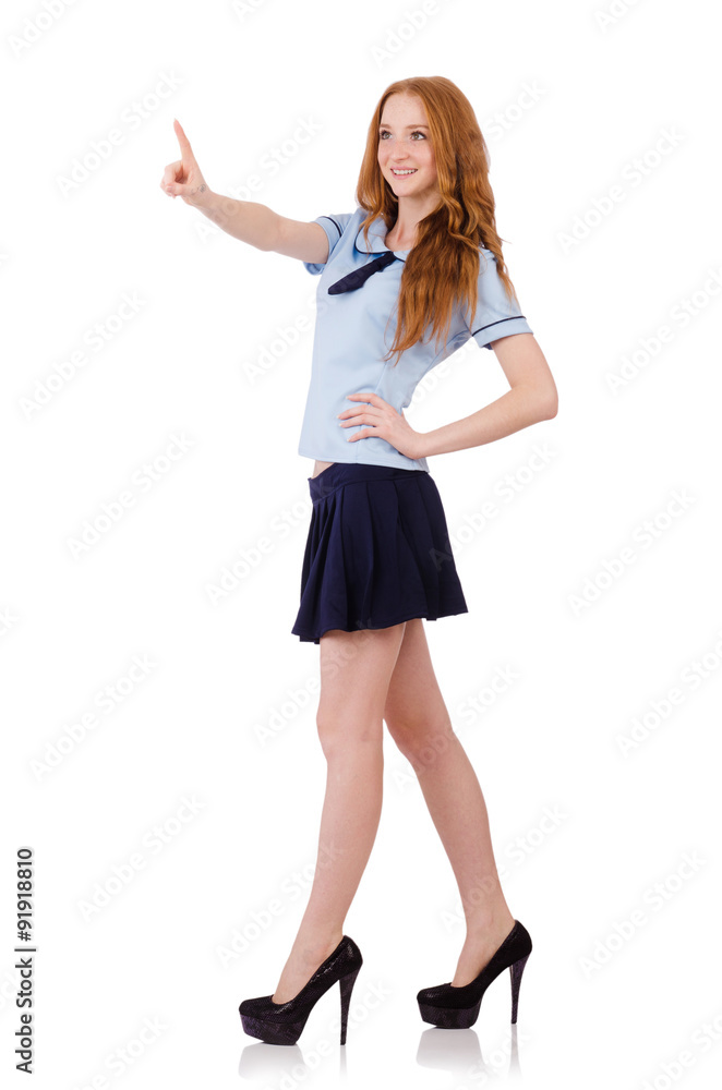 Young naughty student pressing virtual button isolated on white Young naughty student pressing virtual button isolated on white