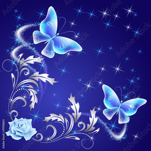 Fototapeta Transparent flying butterflies with silver ornament