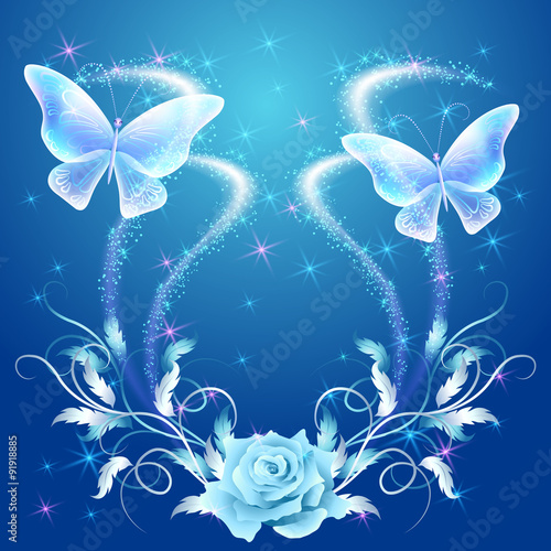Fototapeta Transparent flying butterflies with silver ornament