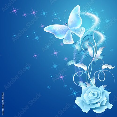 Fototapeta Transparent flying butterfly with floral ornament