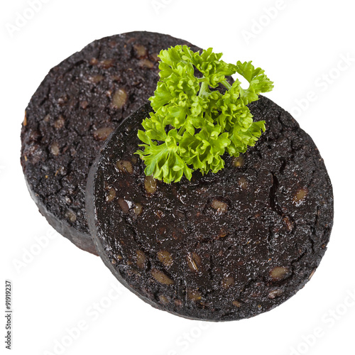 Black Pudding - Sausage made with pig's blood, oatmeal and spices isolated on a white background. Typical British cuisine.

